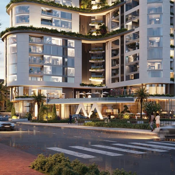 Luxury apartment exterior in Accra's Airport Residential area.